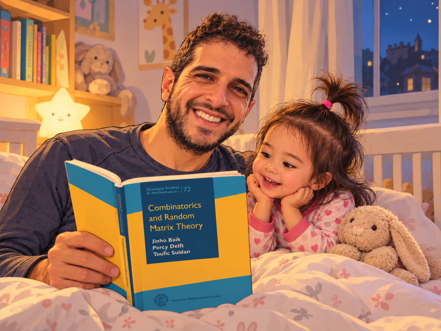 Ofer Busani reading Combinatorics and Random Matrix Theory with his daughter